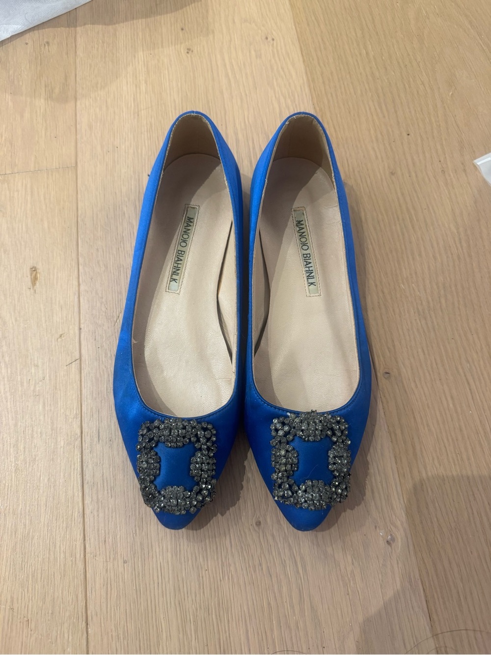 Manolo Blahnik Cobalt Blue Satin Pointed Toe Flats with Crystal Buckle